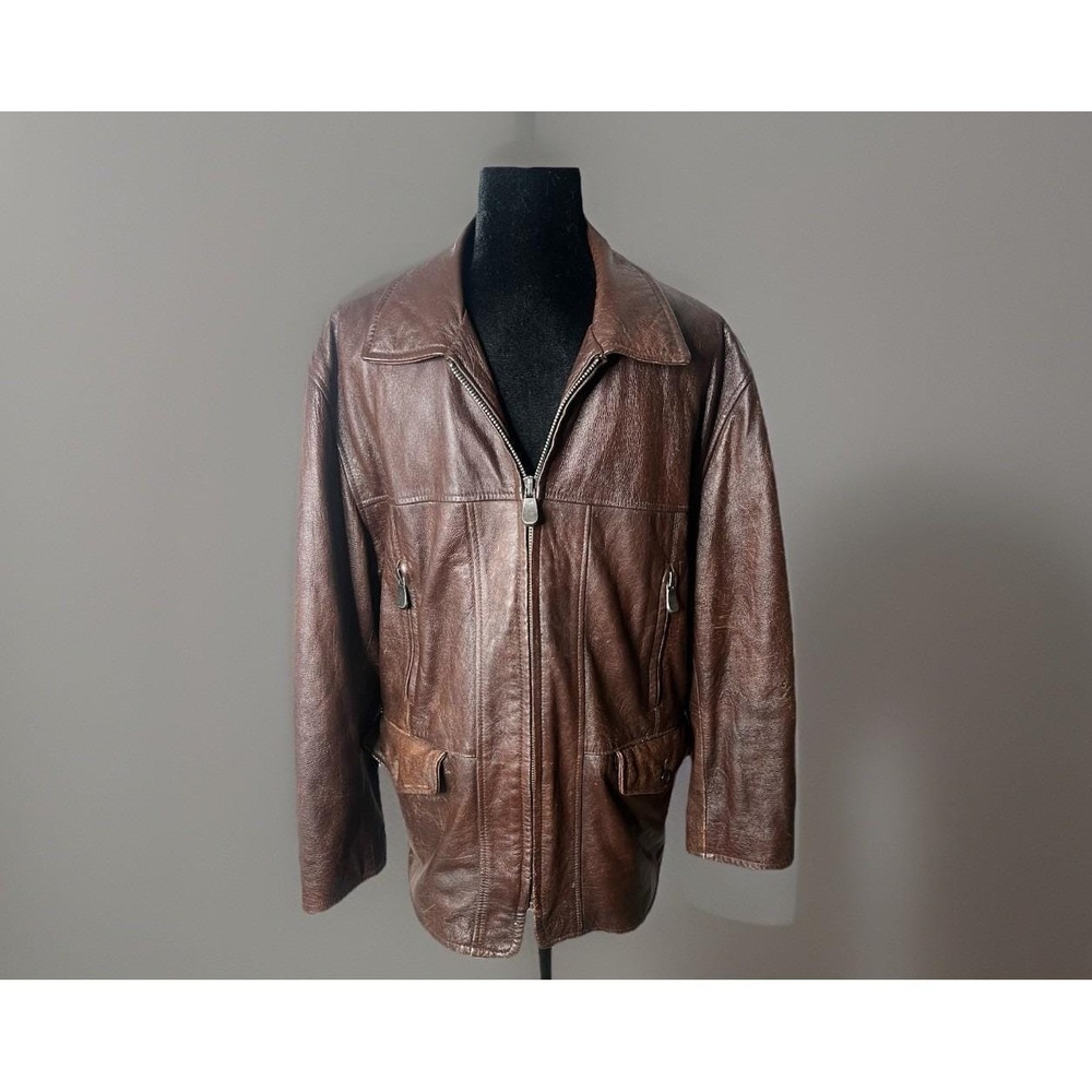 Lucky Brand Vintage Brown Leather Zip Front‎ Coat With Quilted Lining size Large